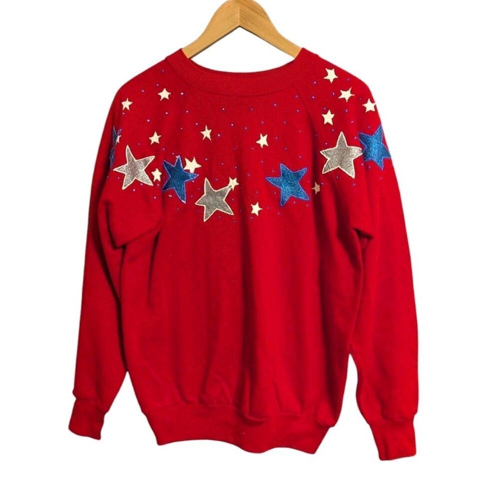 4th Of July Hand Painted Fun Puff Paint Raglan Crew Neck Sweatshirt Red Large T